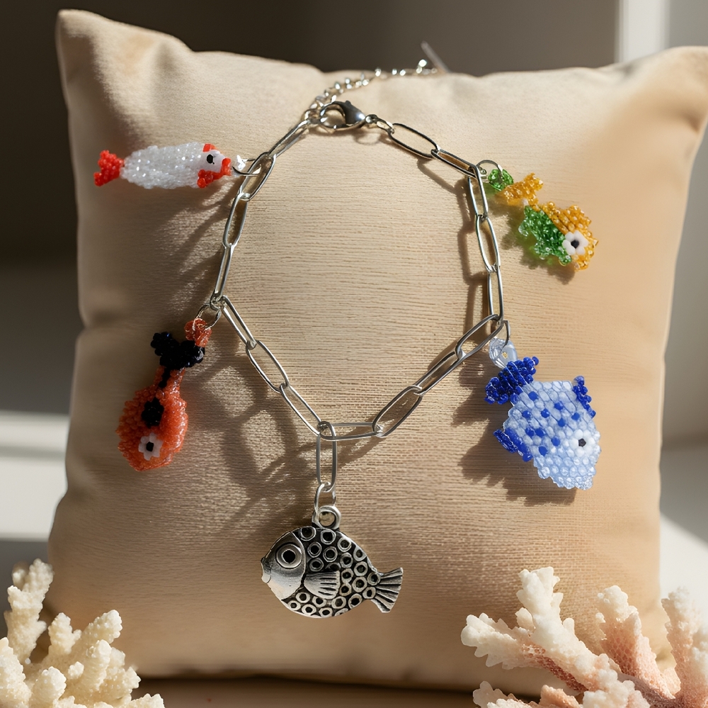 #409 HAND CRAFTED Bracelet Handcrafted Handmade Fishes Blue Red Yellow White